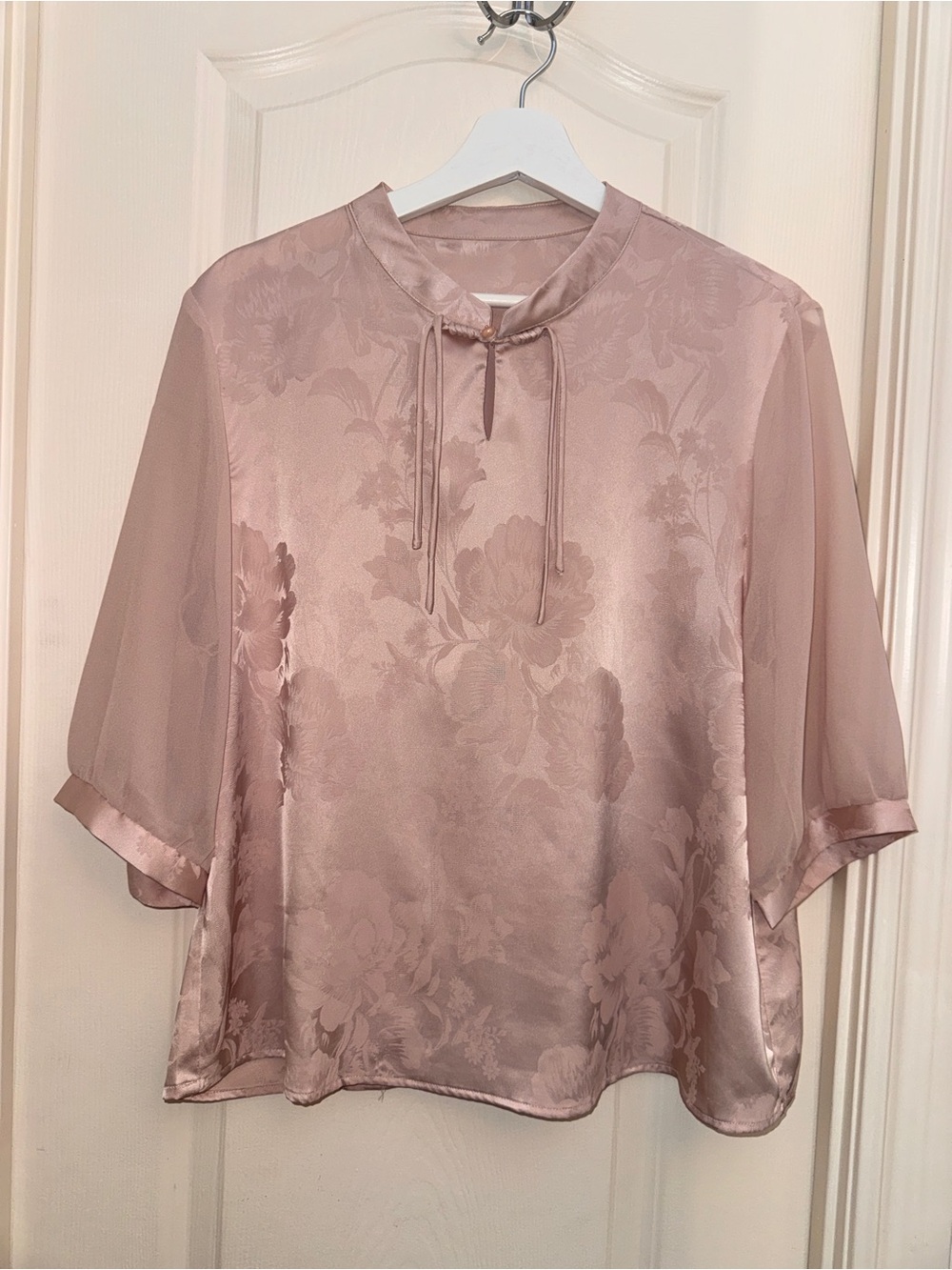 Silky Floral Tie-Neck Blouse - Blush Pink